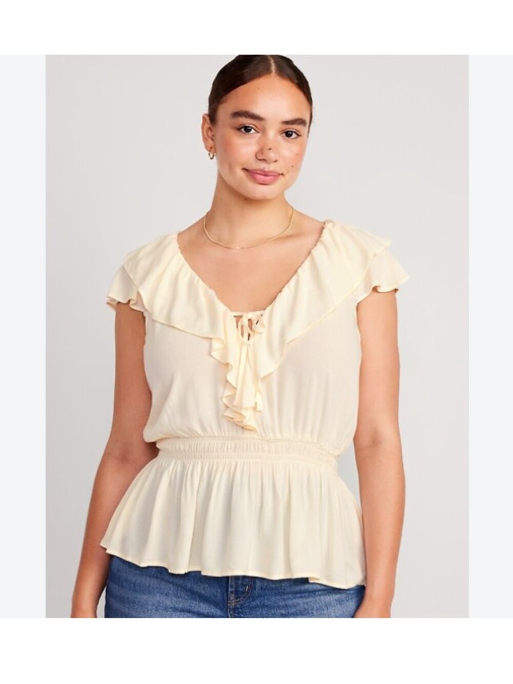 Old Navy Cream Ruffle Plunge Waist Defined Short Sleeve Top L